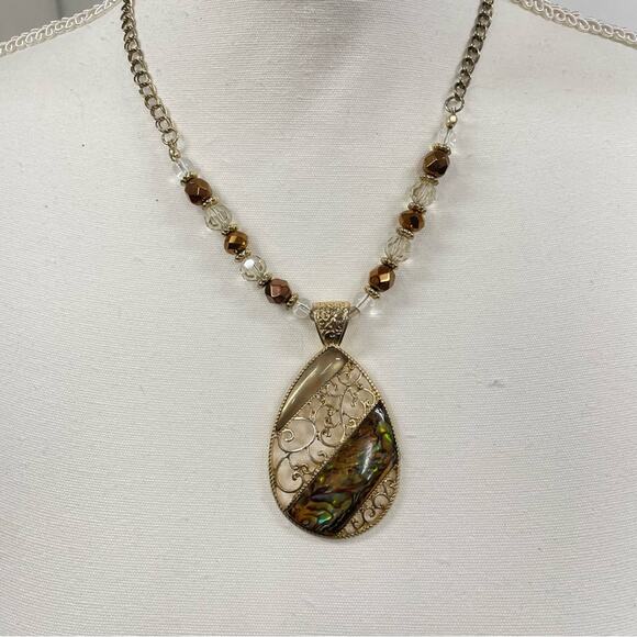 Gold Tone Brown & Clear Beaded Pendant Necklace Boho - Picture 2 of 9